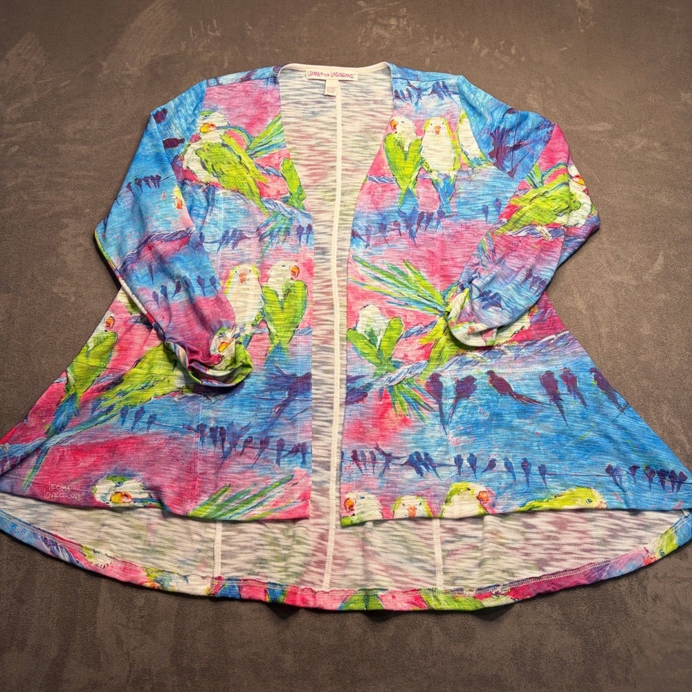 Leoma Lovegrove Cardigan Womens L Multicolor Tropical Bird Art Print Open Front